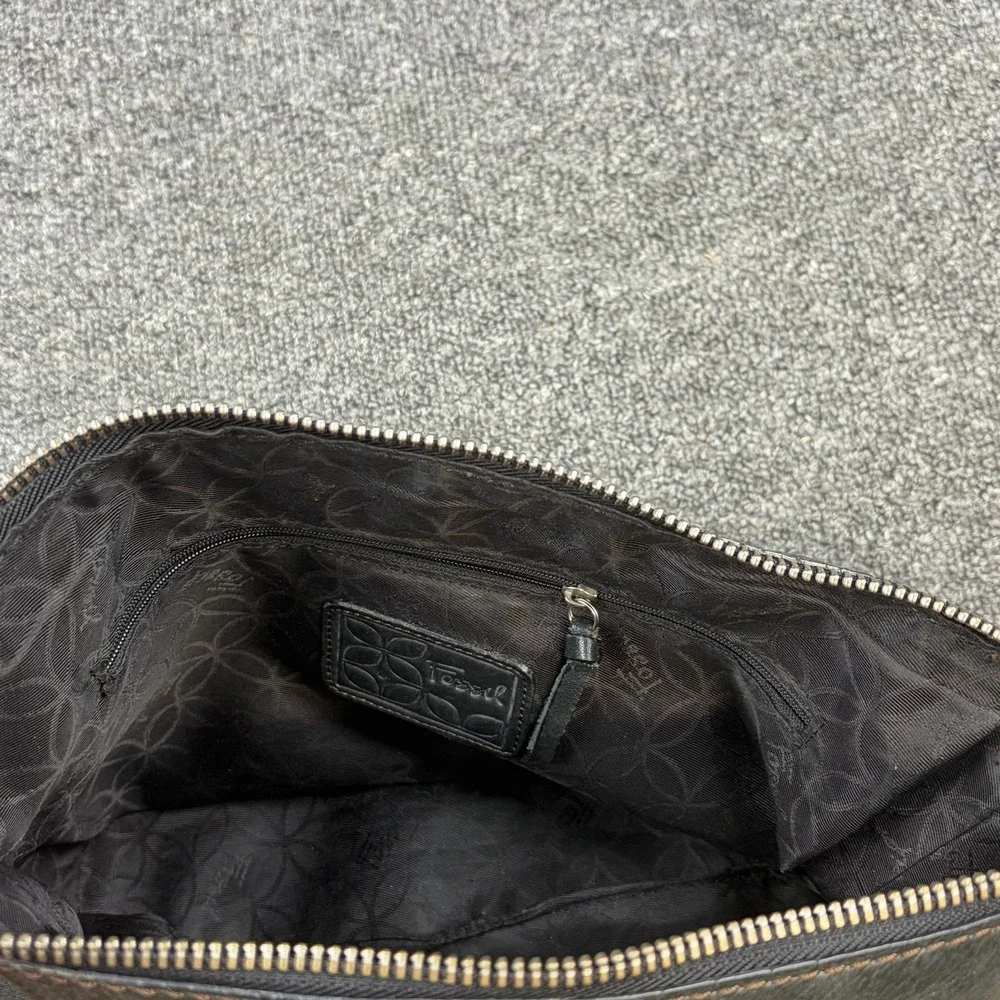 Fossil Black Brown Leather Hobo Shoulder Bag Braided Strap Key Charm